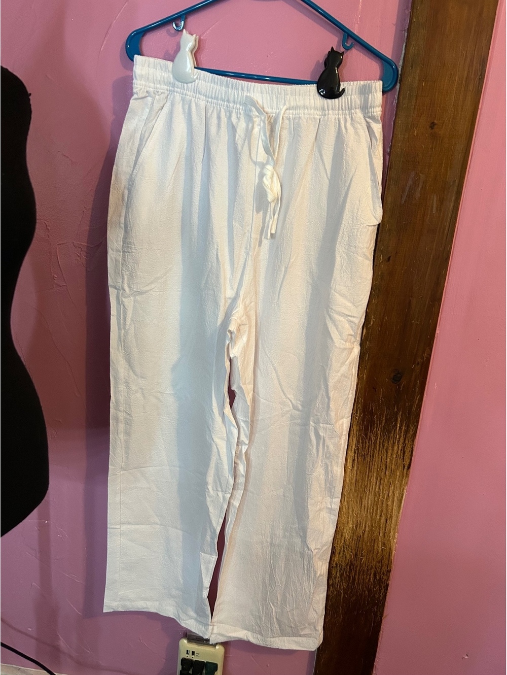 White 100% Cotton Casual Pants with Elastic Waistband and Drawstring, Size M